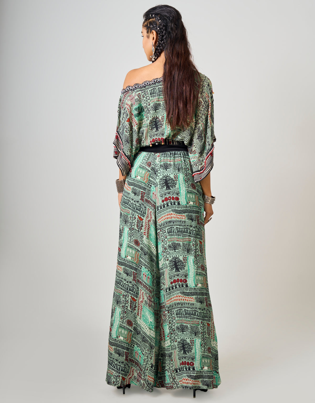 Mint Printed & Hand-Embroidered Off-Shoulder Top With Pant Set