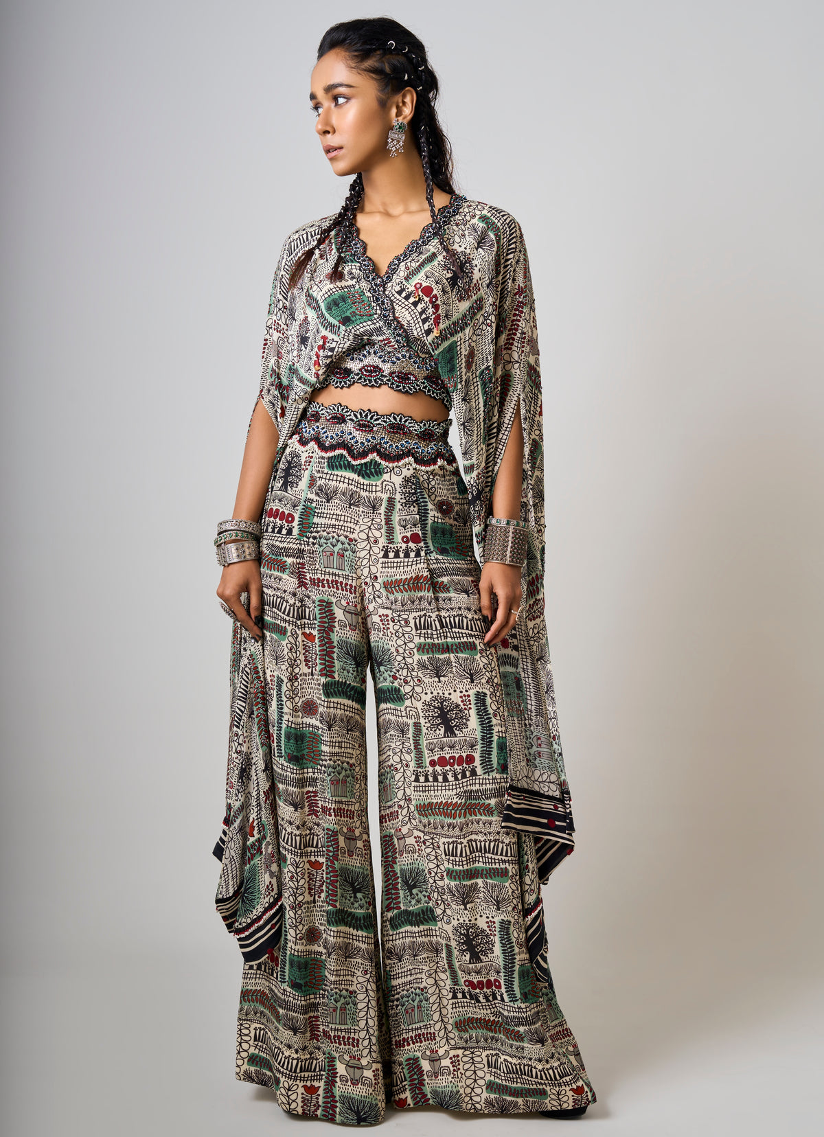 Off-White Printed & Hand-Embroidered Long Kaftan Top With Pant Set