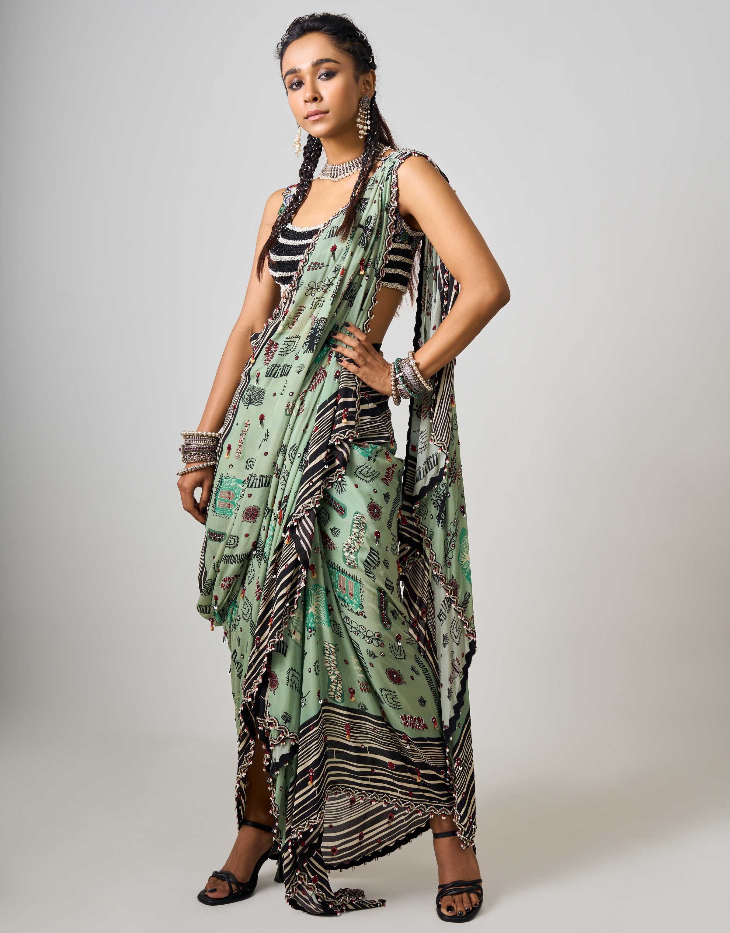 Mint Printed & Hand-Embroidered Pre Draped Cowl Sari Set