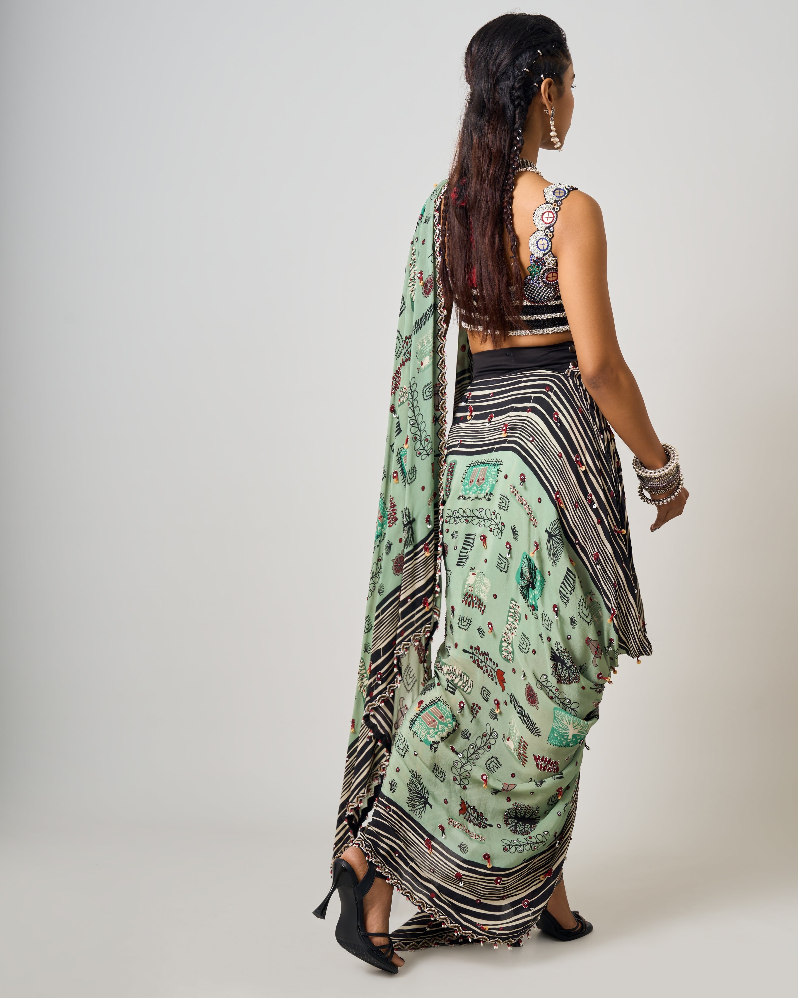 Mint Printed & Hand-Embroidered Pre Draped Cowl Sari Set