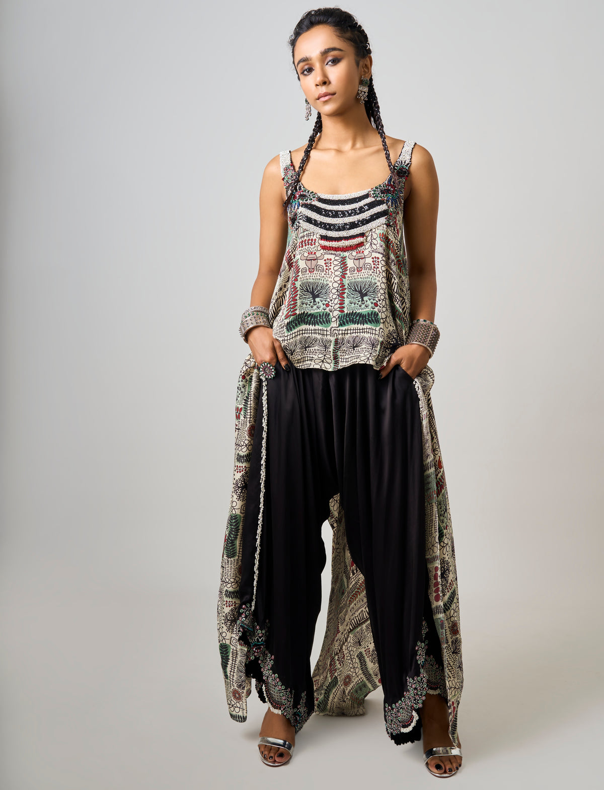 Off-White Printed & Hand Embroidered Singlet With Black Drape Pant Set