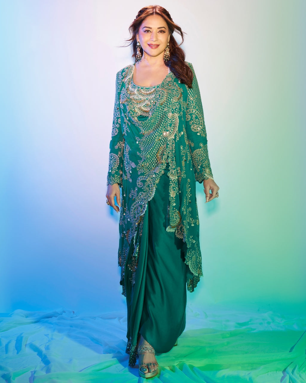 Sea Green Cape With Blouse & Skirt Set