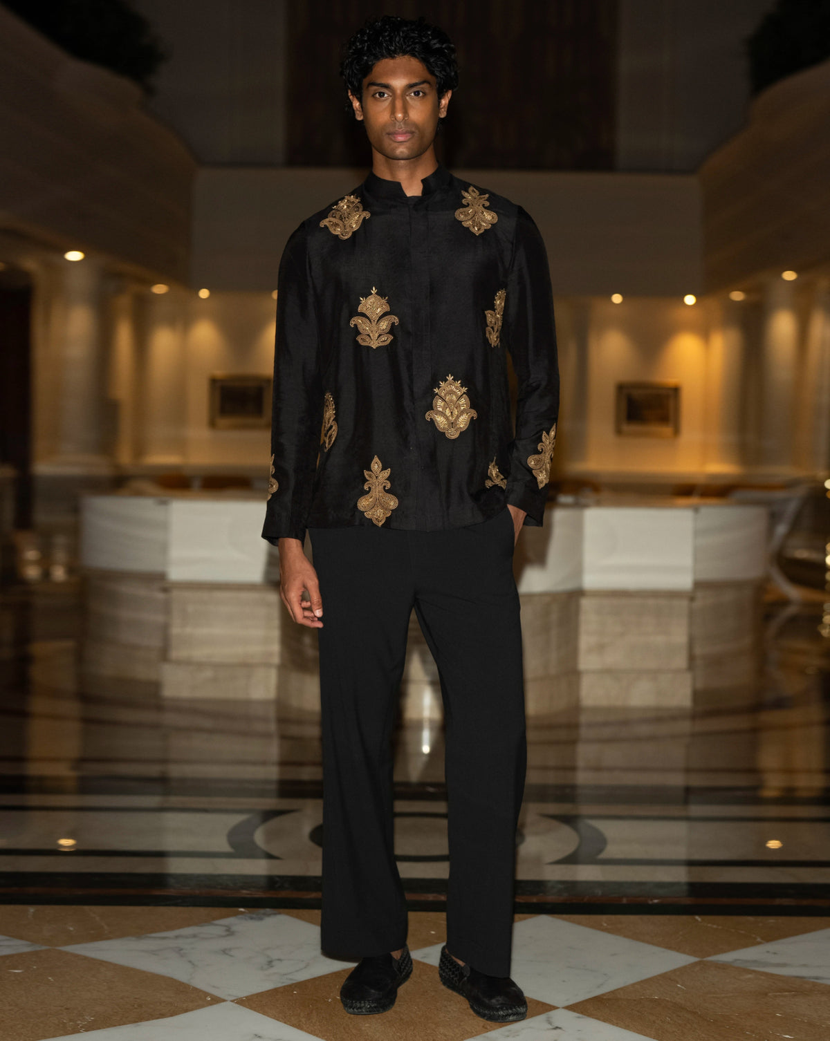 Black Temple Embroidered Kurta Set