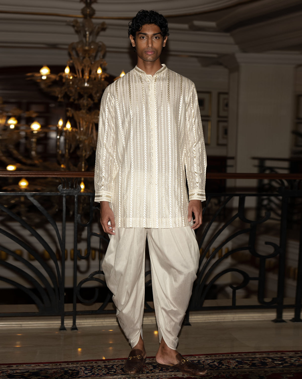 Ivory Embroidered Dhoti Three-Piece Set