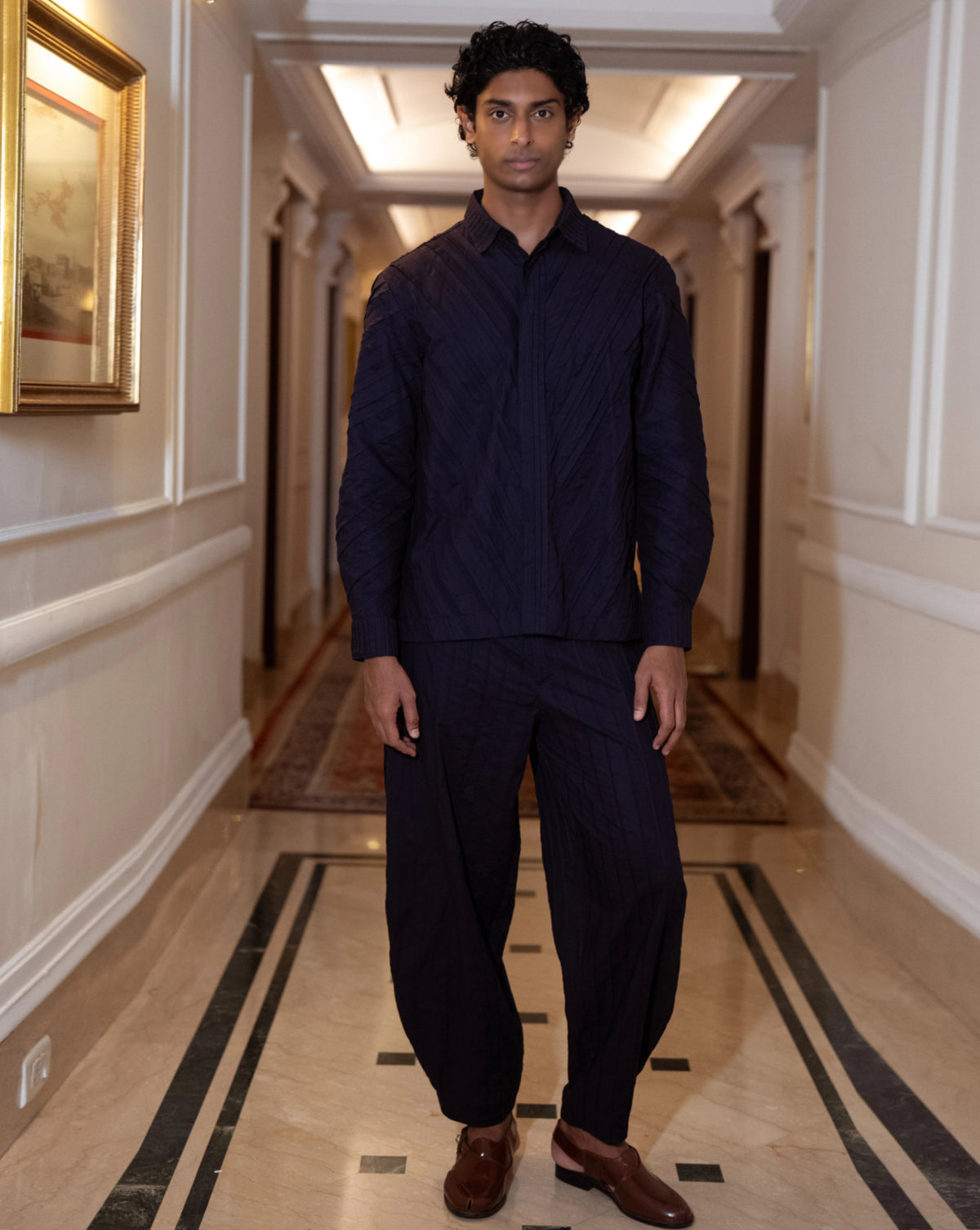 Navy Pintuck Barrel Shirt Set