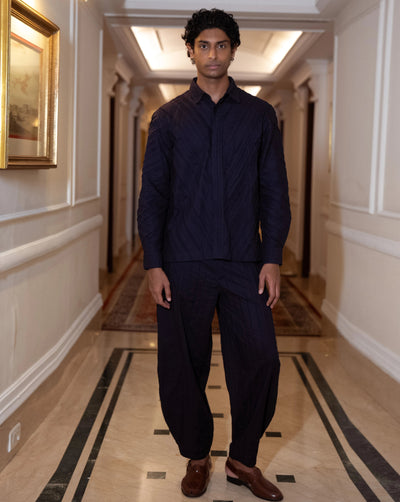 Navy Pintuck Barrel Shirt Set