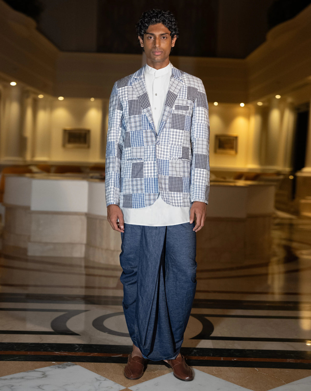 Patchwork Blazer Dhoti Three-Piece Set