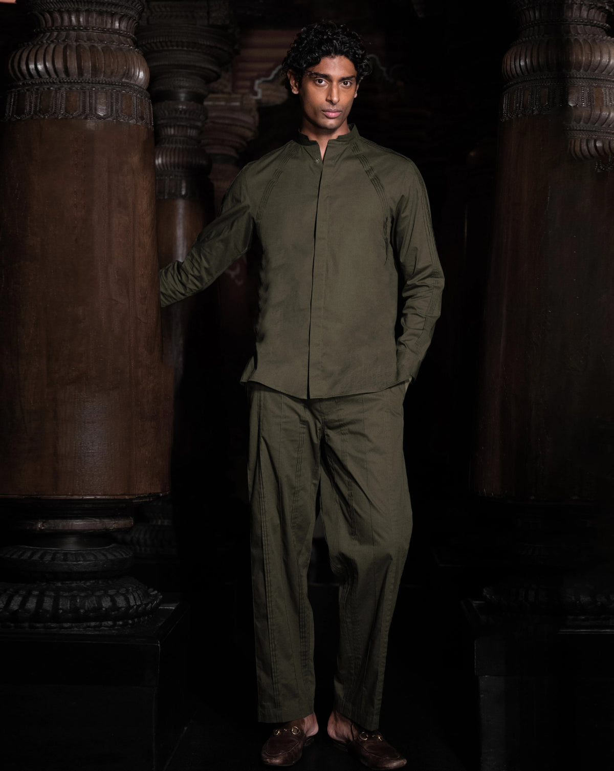 Olive Pintuck Shirt Set