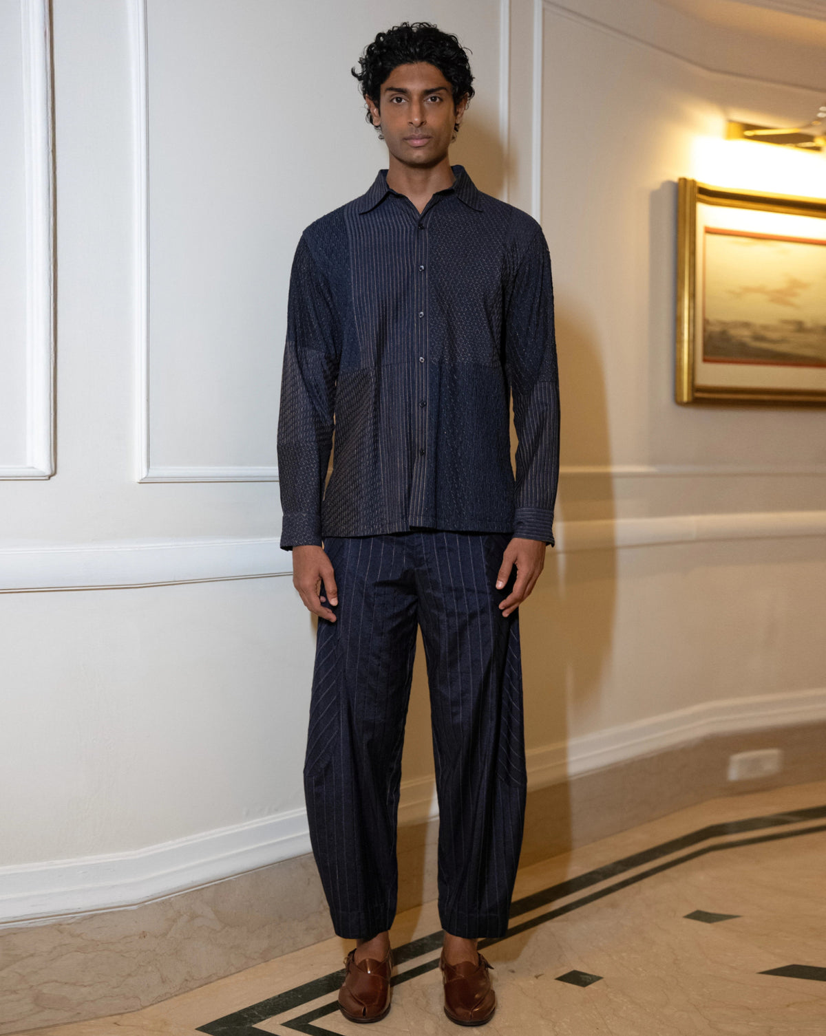 Navy Textured Pintuck Shirt & Pants