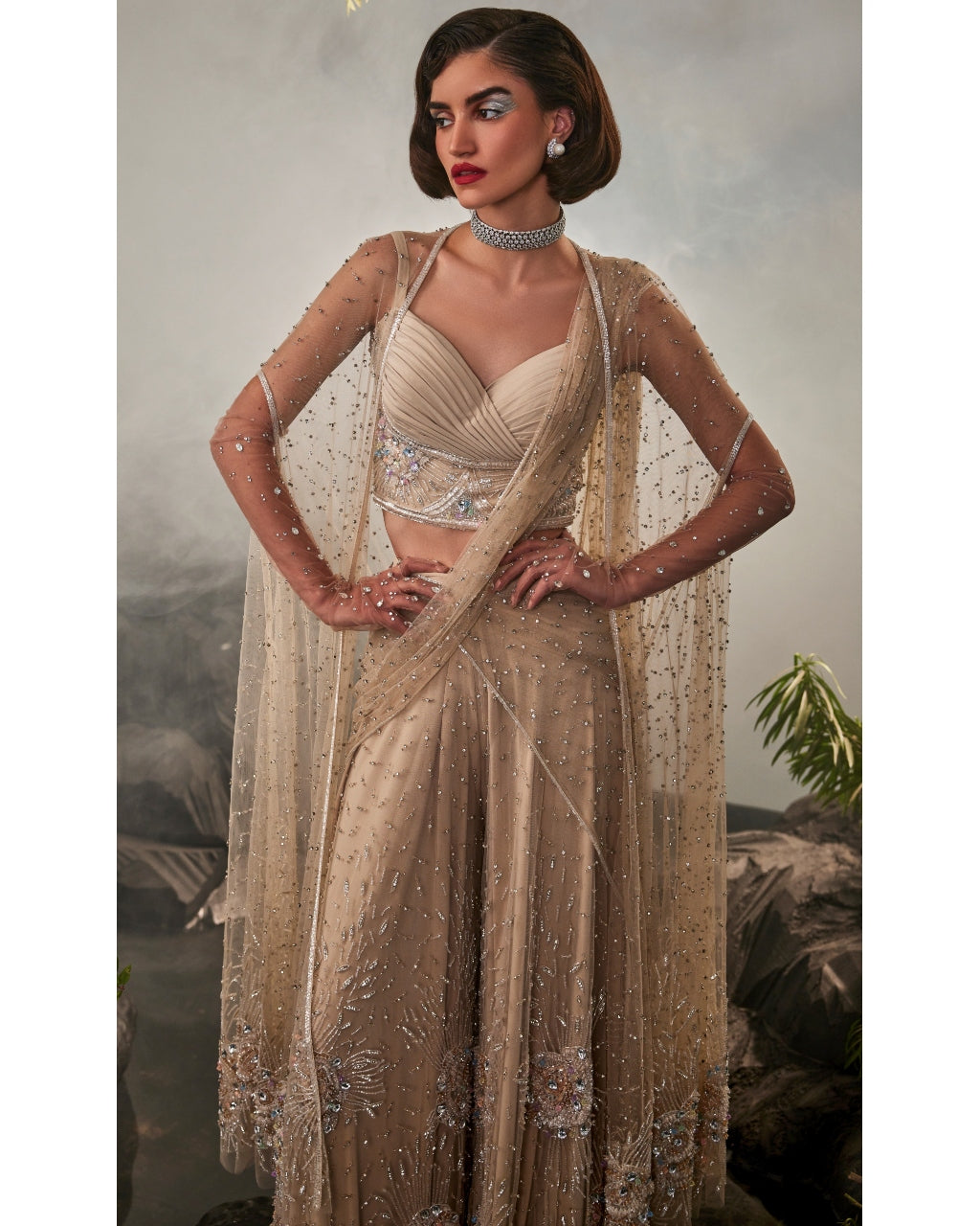 Champagne Cape Sharara Sari Set