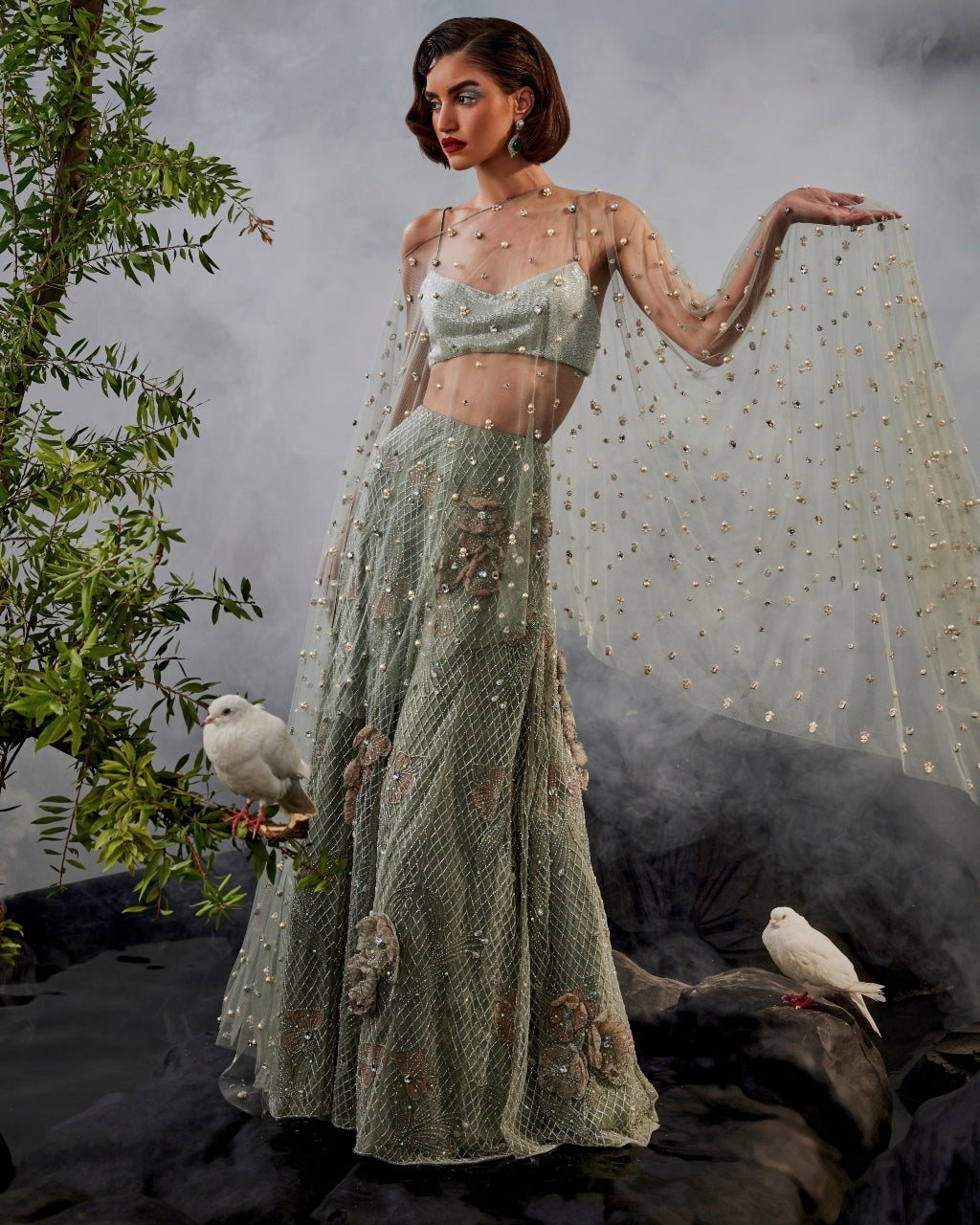 Grey Green Cape Lehenga Set