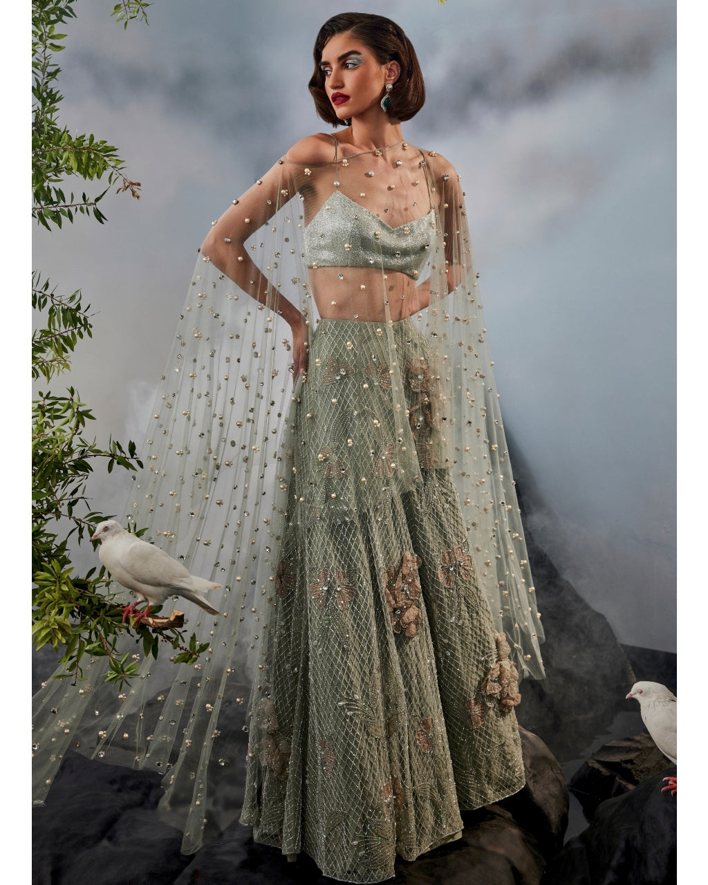 Grey Green Cape Lehenga Set