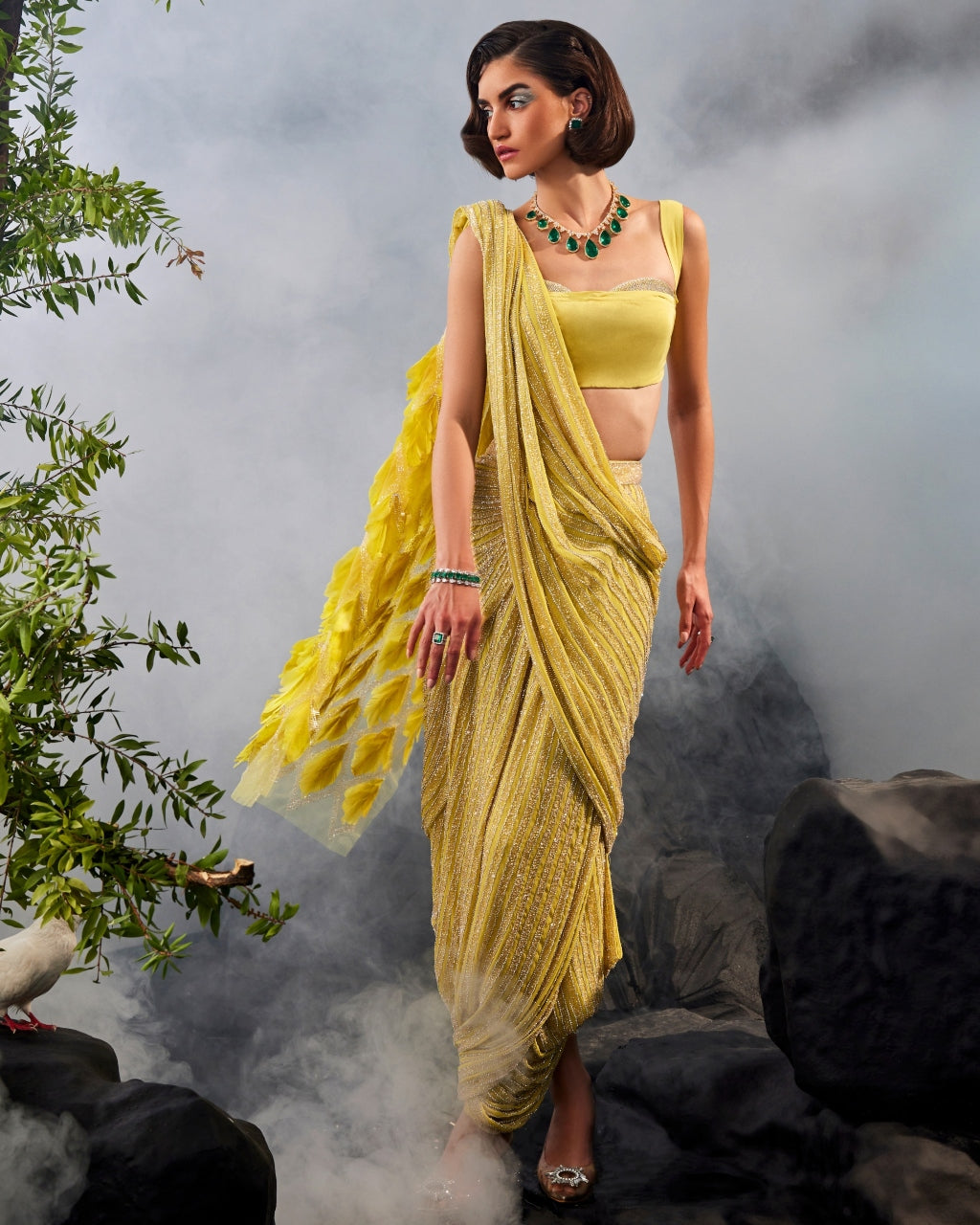 Yellow Swarovski Sari Set