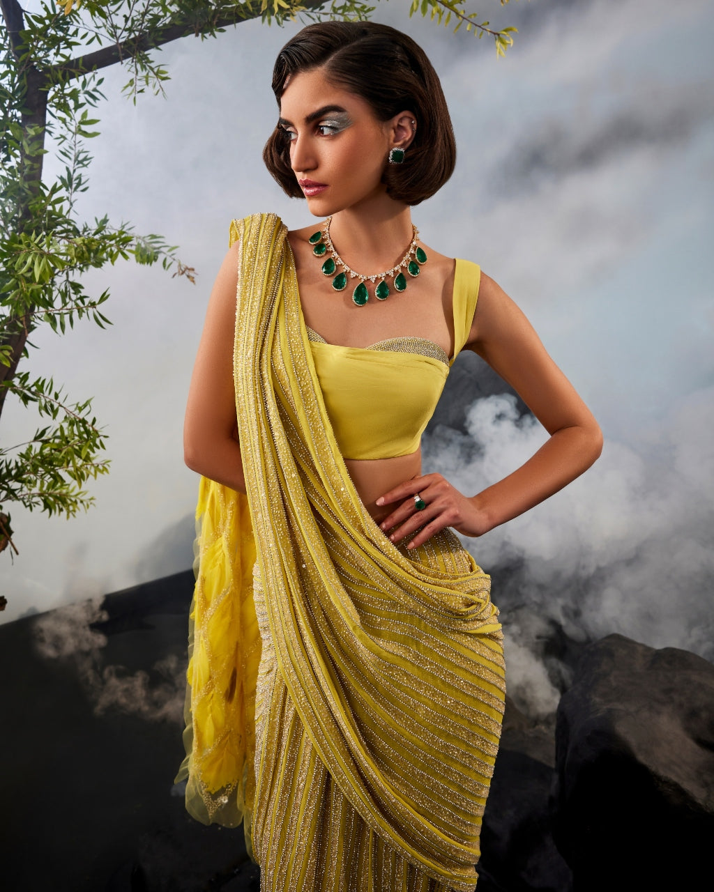 Yellow Swarovski Sari Set