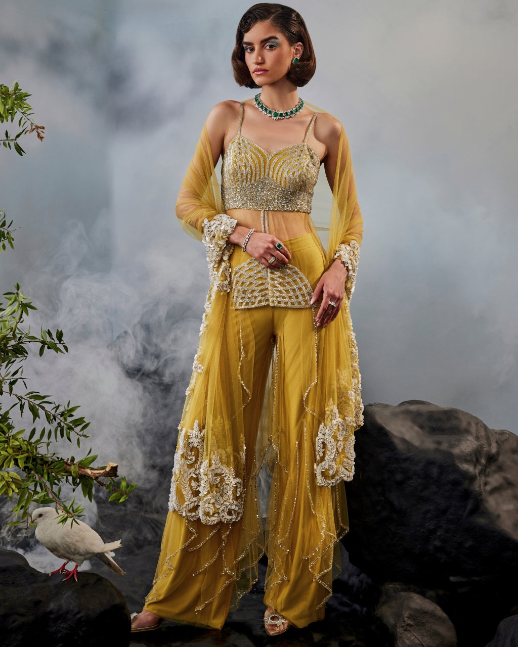 Mustard Yellow Godet Set with Tulle Stole
