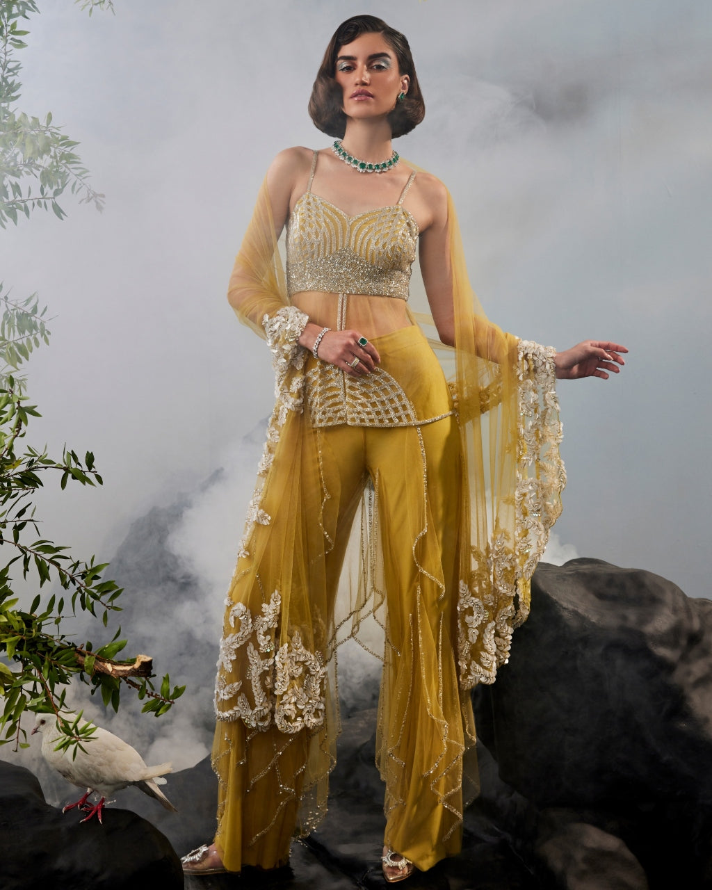 Mustard Yellow Godet Set with Tulle Stole