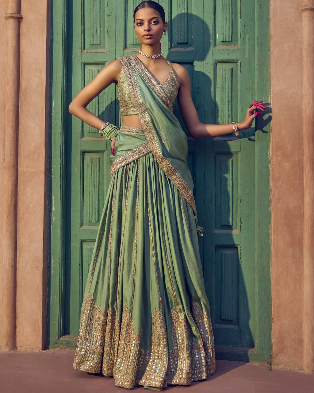 Sage Green Jharokha Lehenga Set