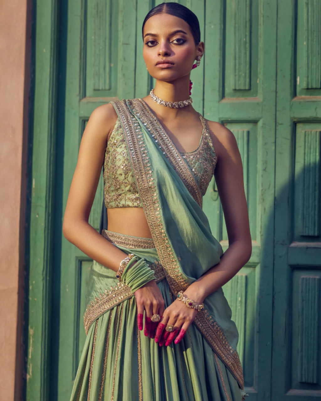 Sage Green Jharokha Lehenga Set