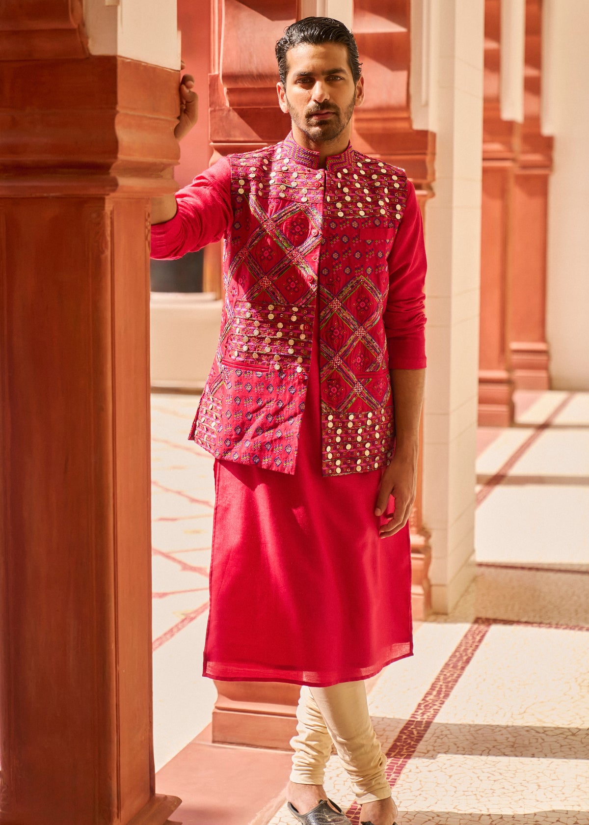 Surkh Laal Kurta Paired With Embroidered Bandi Jacket Paired With Churidar