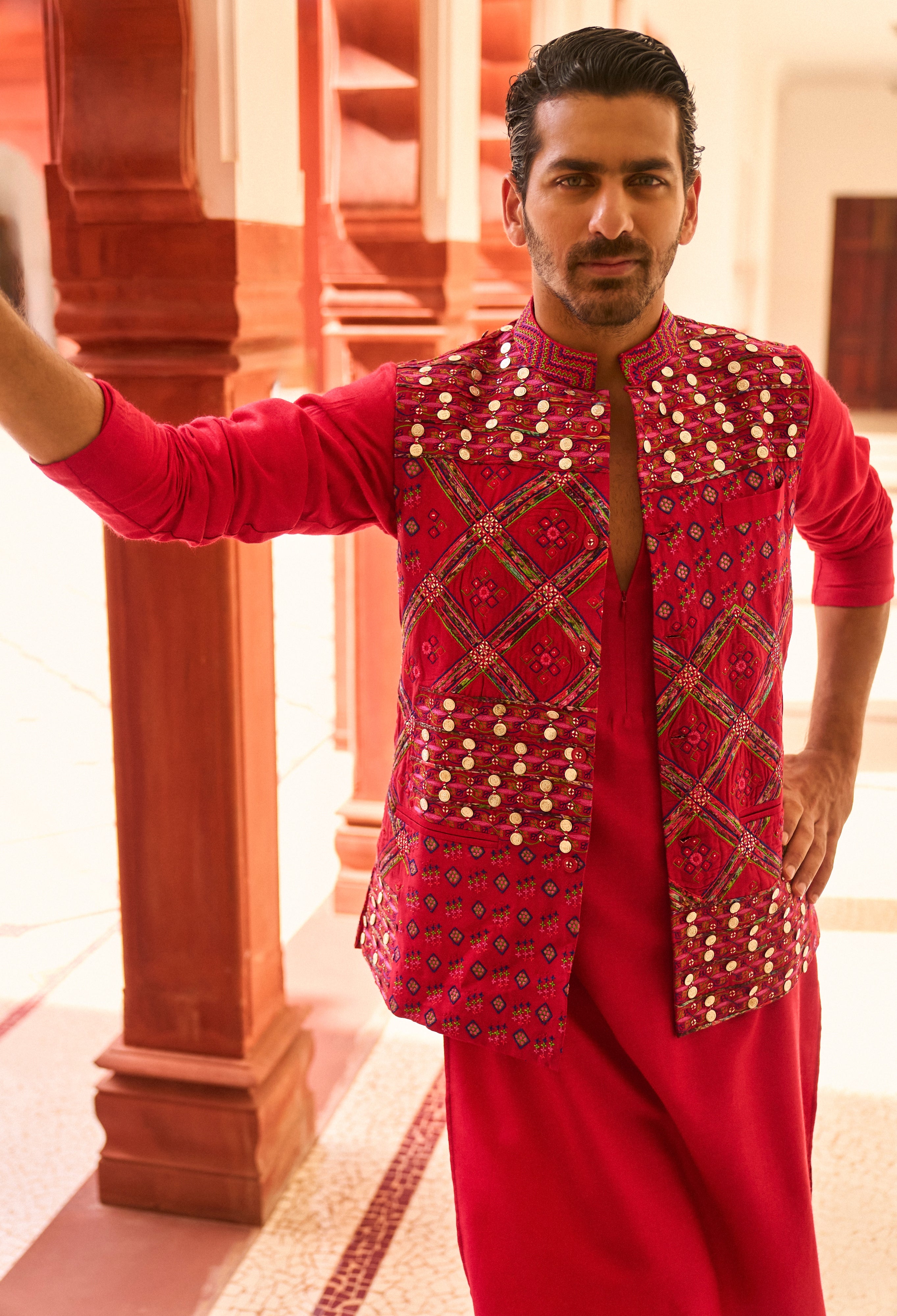 Surkh Laal Kurta Paired With Embroidered Bandi Jacket Paired With Churidar