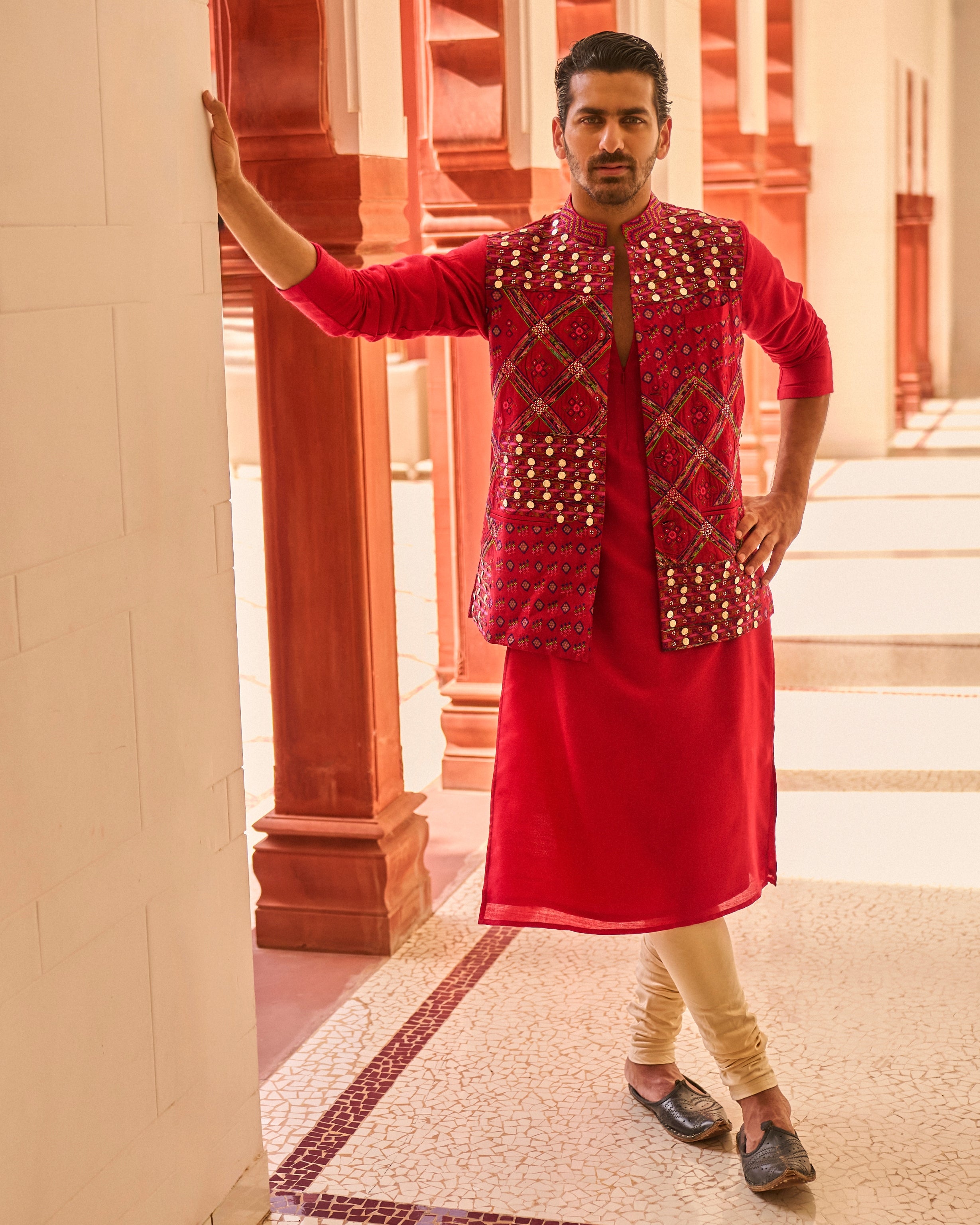 Surkh Laal Kurta Paired With Embroidered Bandi Jacket Paired With Churidar