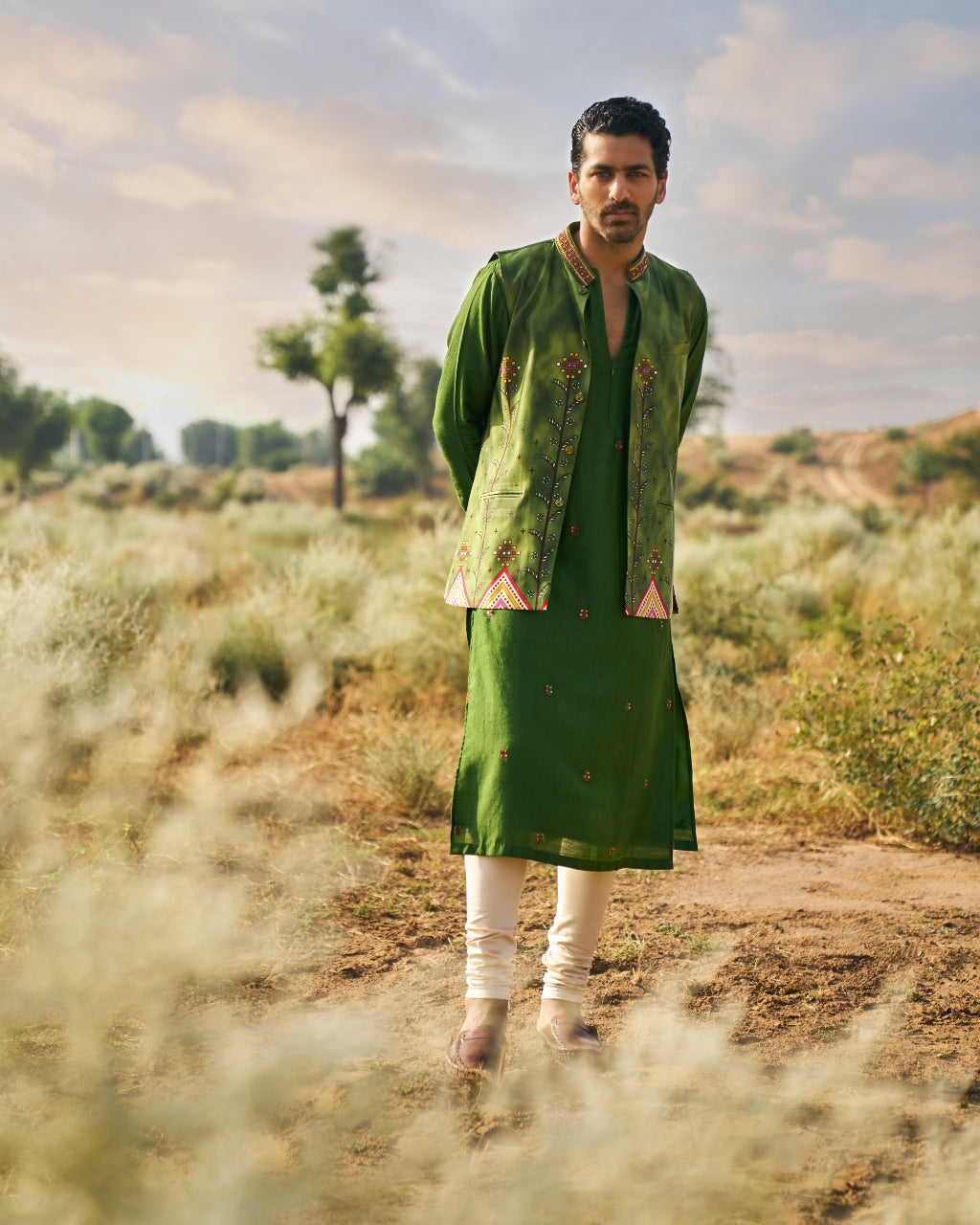 Kacha Aam Kurta Paired With Printed Bandi Jacket Paired With Churidar