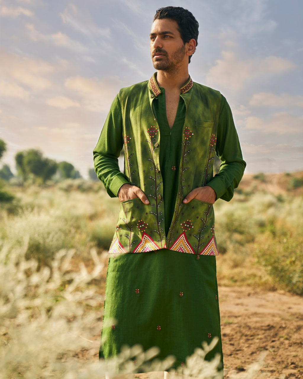 Kacha Aam Kurta Paired With Printed Bandi Jacket Paired With Churidar