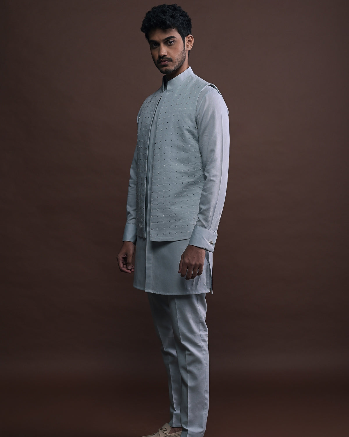 Slate Embroidered Bandi With Matching Kurta Pajama