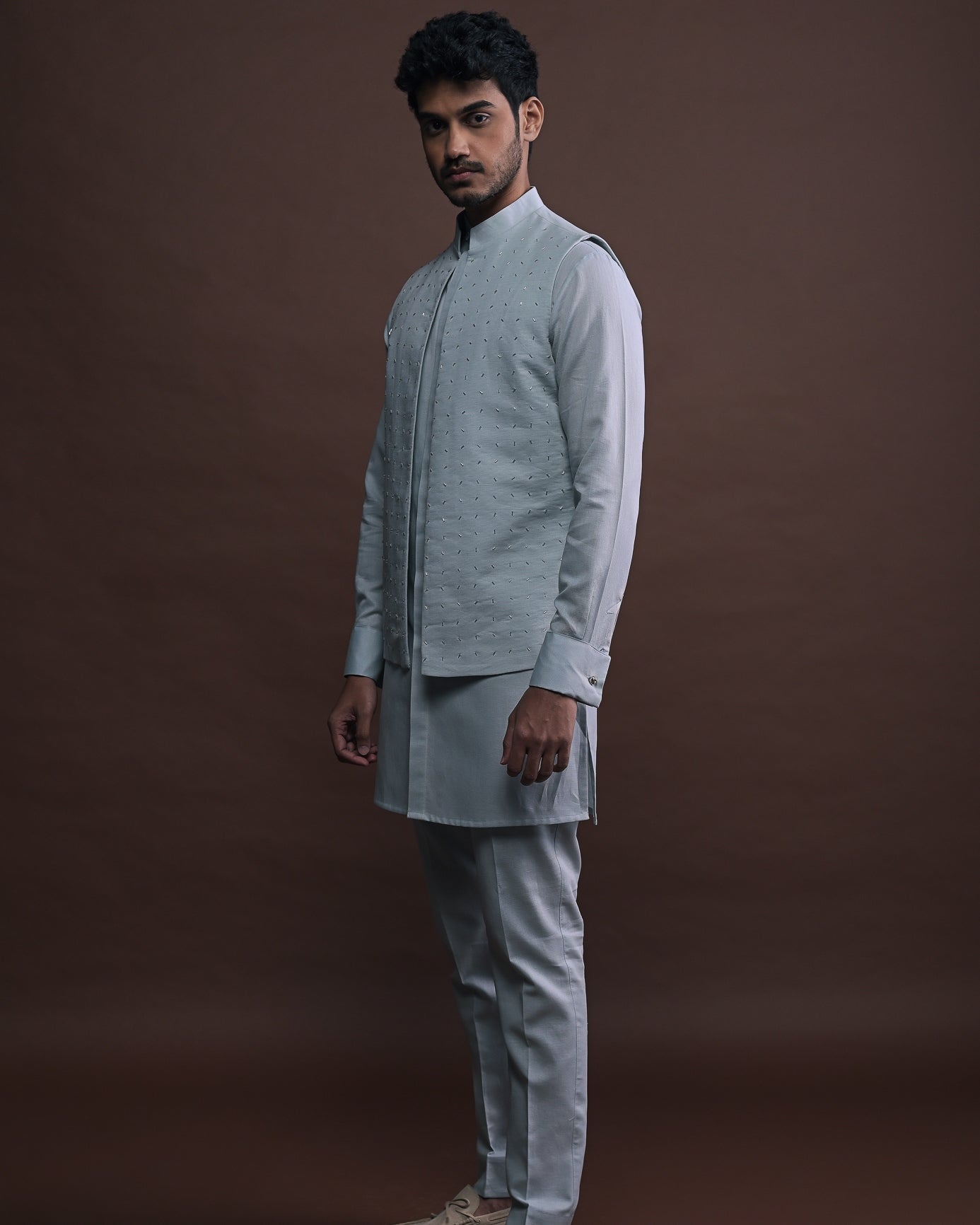 Slate Embroidered Bandi With Matching Kurta Pajama