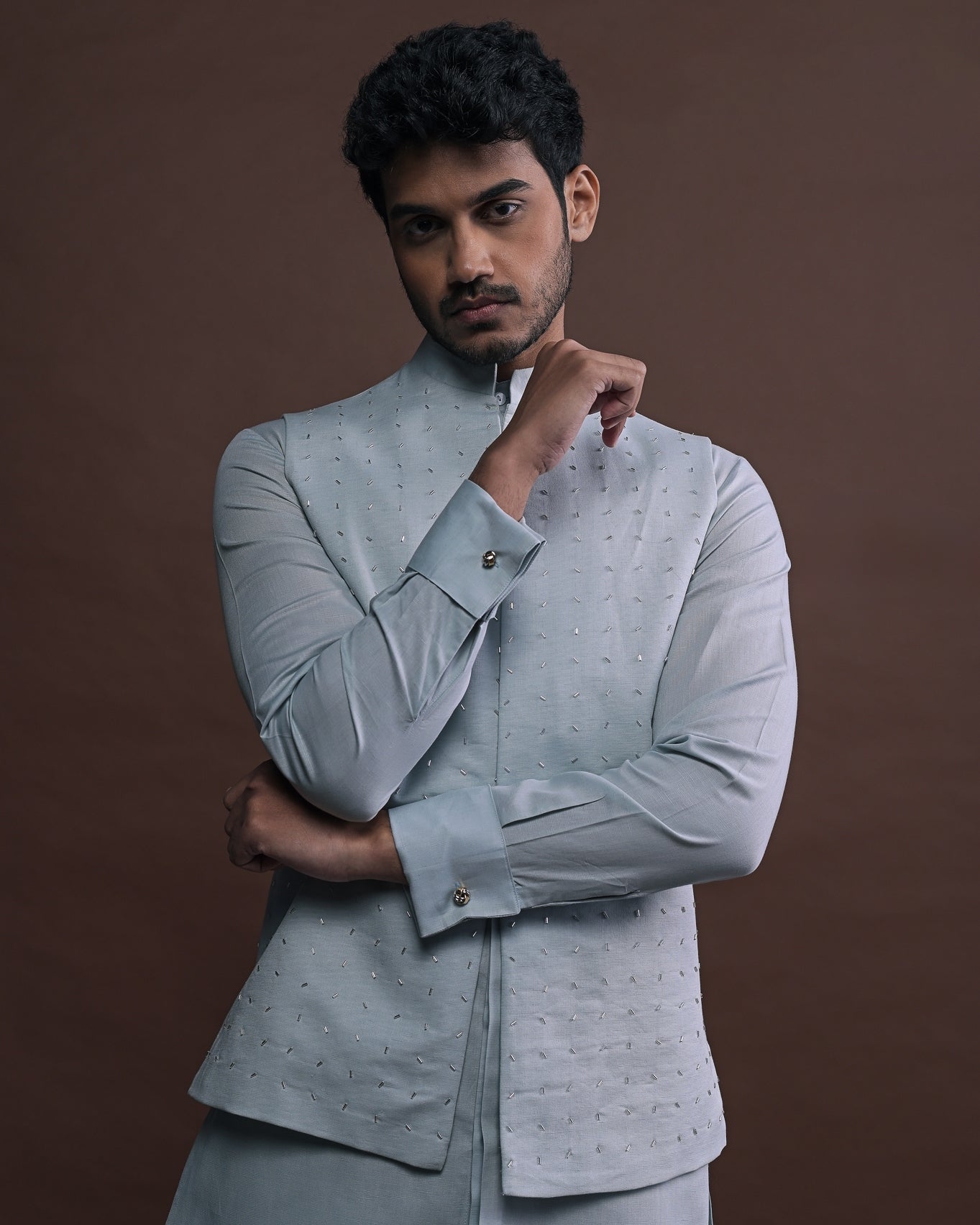 Slate Embroidered Bandi With Matching Kurta Pajama