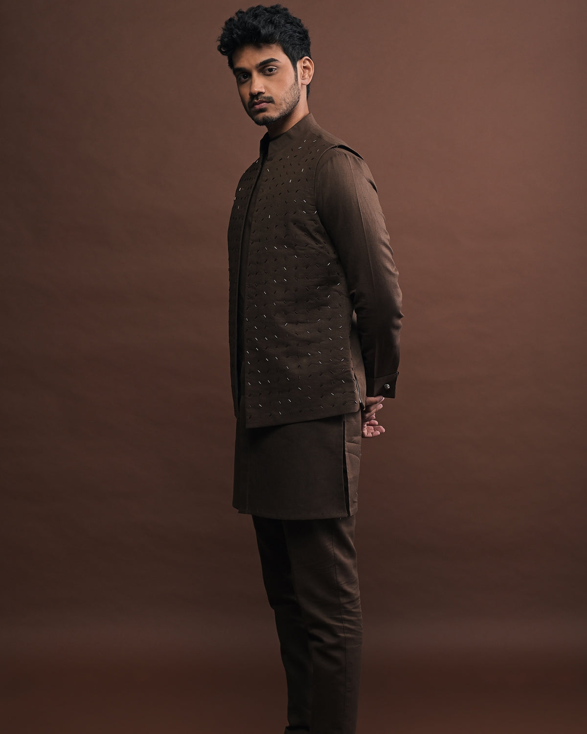Mocha Embroidered Bandi With Matching Kurta Pajama Set