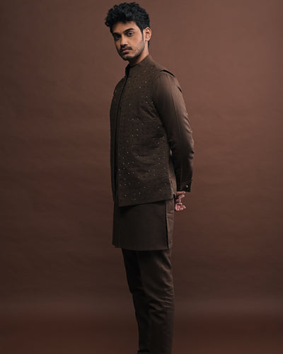 Mocha Embroidered Bandi With Matching Kurta Pajama Set