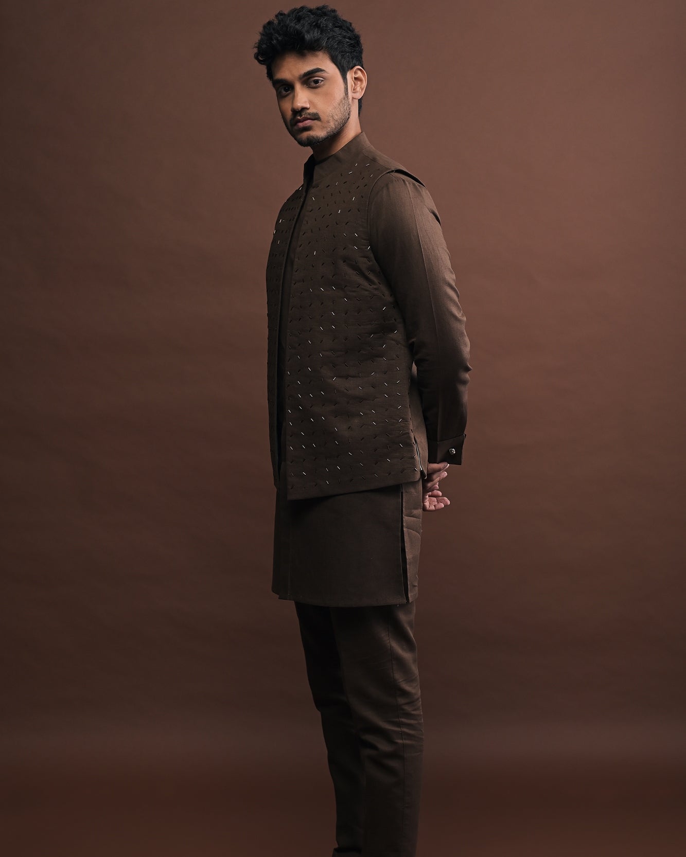 Mocha Embroidered Bandi With Matching Kurta Pajama Set