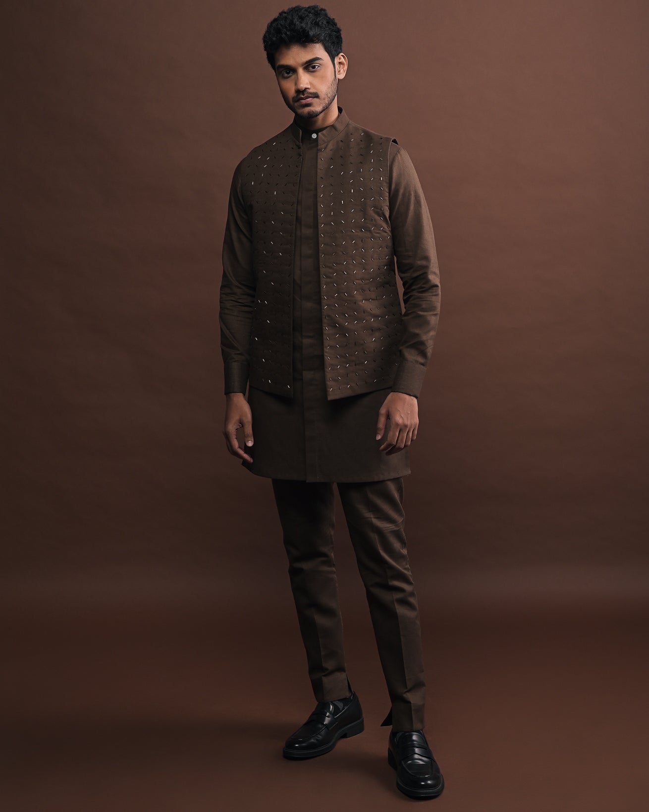 Mocha Embroidered Bandi With Matching Kurta Pajama Set