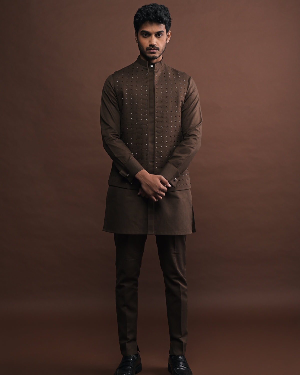 Mocha Embroidered Bandi With Matching Kurta Pajama Set