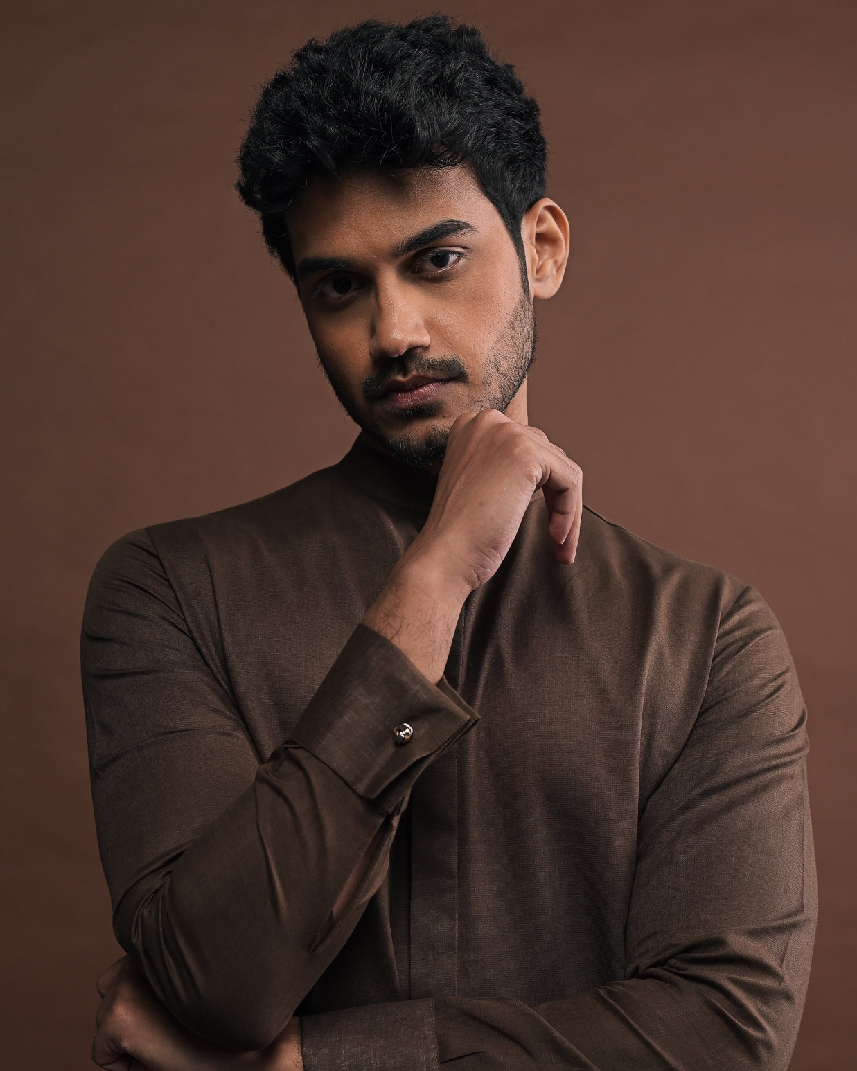 Mocha Embroidered Bandi With Matching Kurta Pajama Set