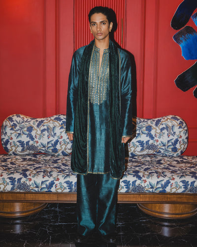 Teal Embroidered Kurta Dushala Set