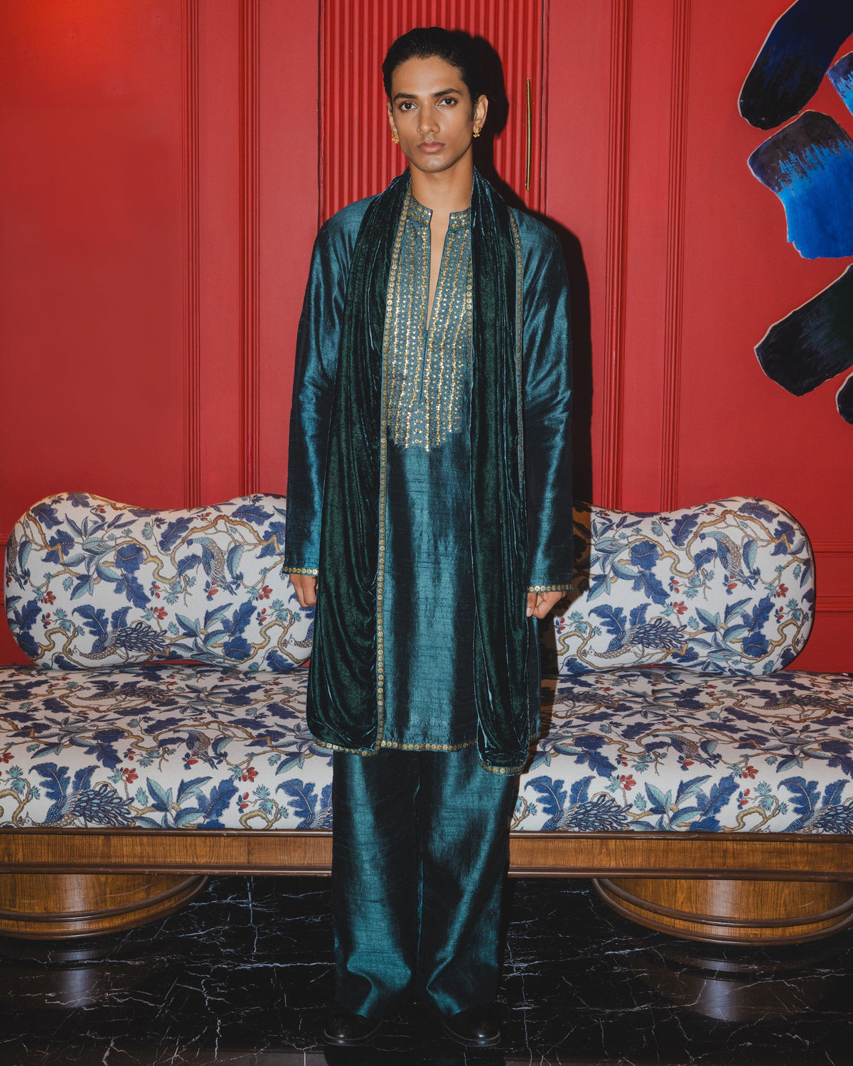 Teal Embroidered Kurta Dushala Set