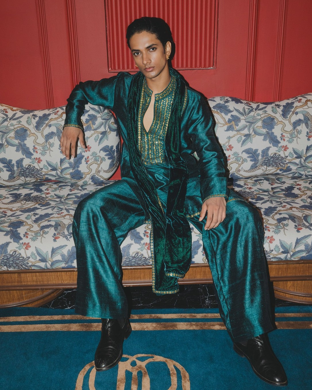 Teal Embroidered Kurta Dushala Set