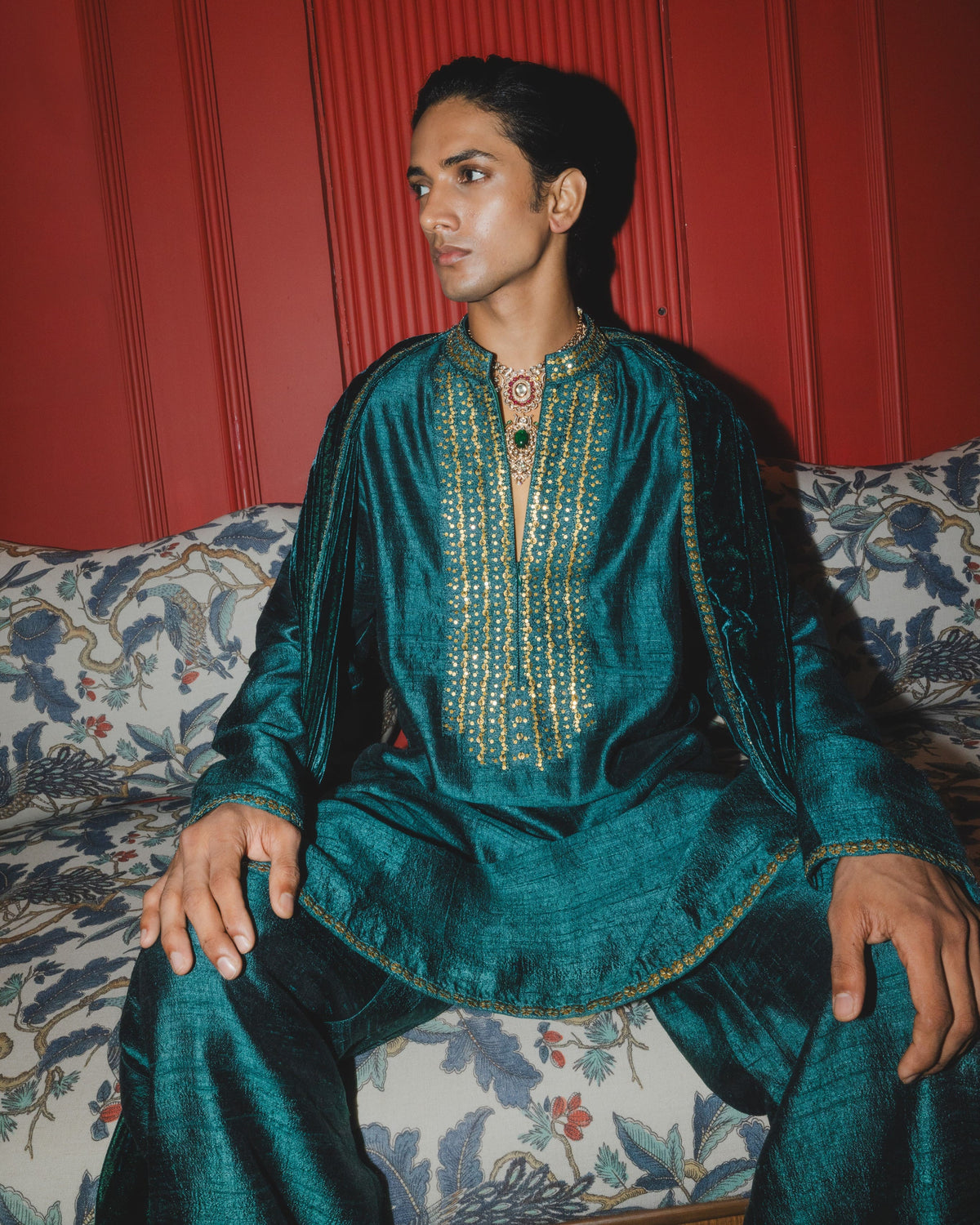 Teal Embroidered Kurta Dushala Set