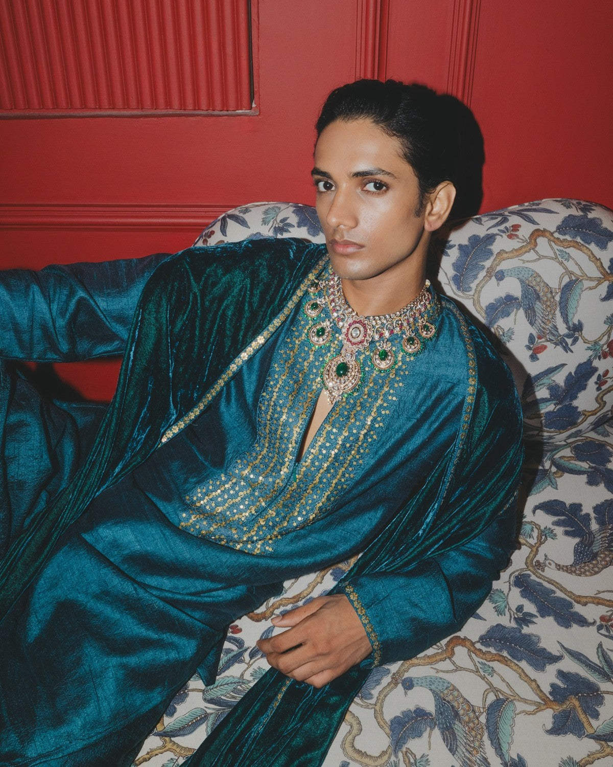 Teal Embroidered Kurta Dushala Set