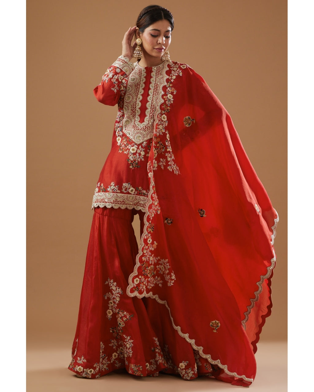 Red Embroidered Gharara Set