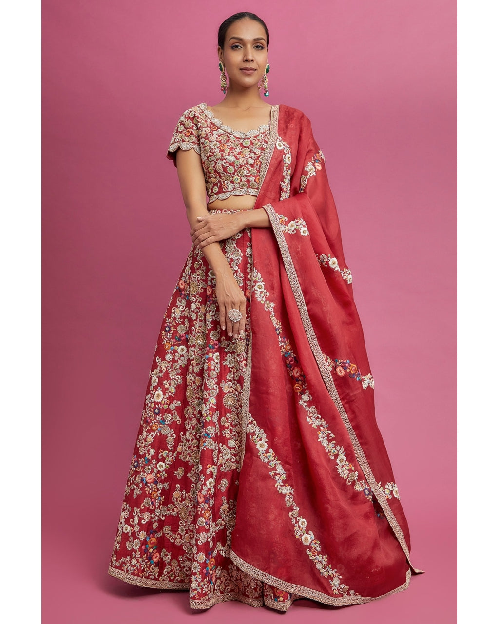 Red Embroidered Floral Lehenga Set