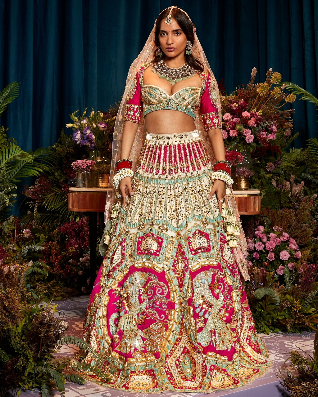 Rose Appliqués of Red, Teal, Ivory Silks Lehenga Set