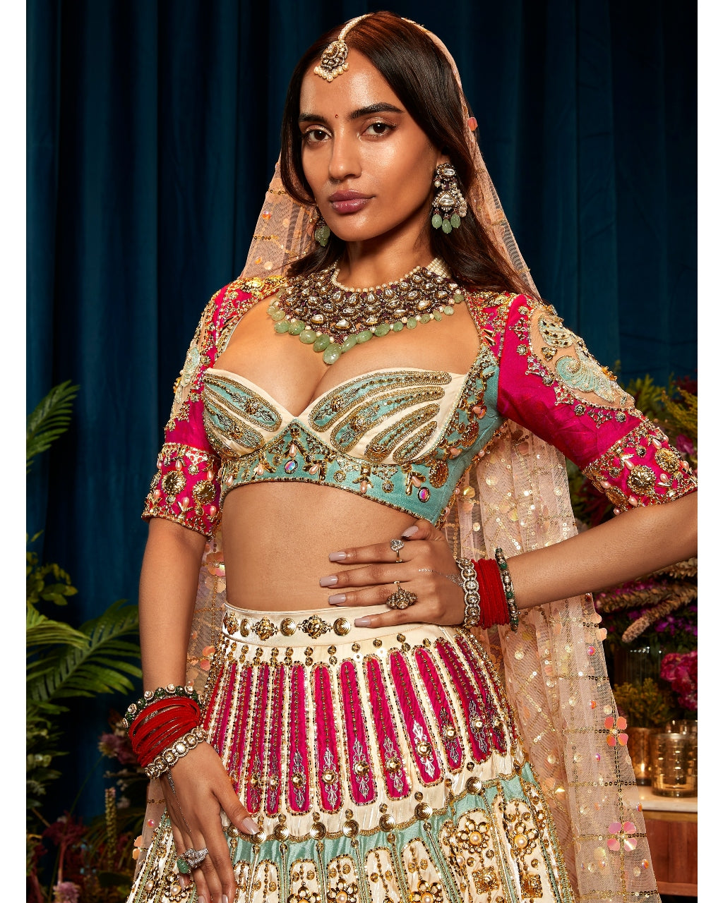 Rose Appliqués of Red, Teal, Ivory Silks Lehenga Set