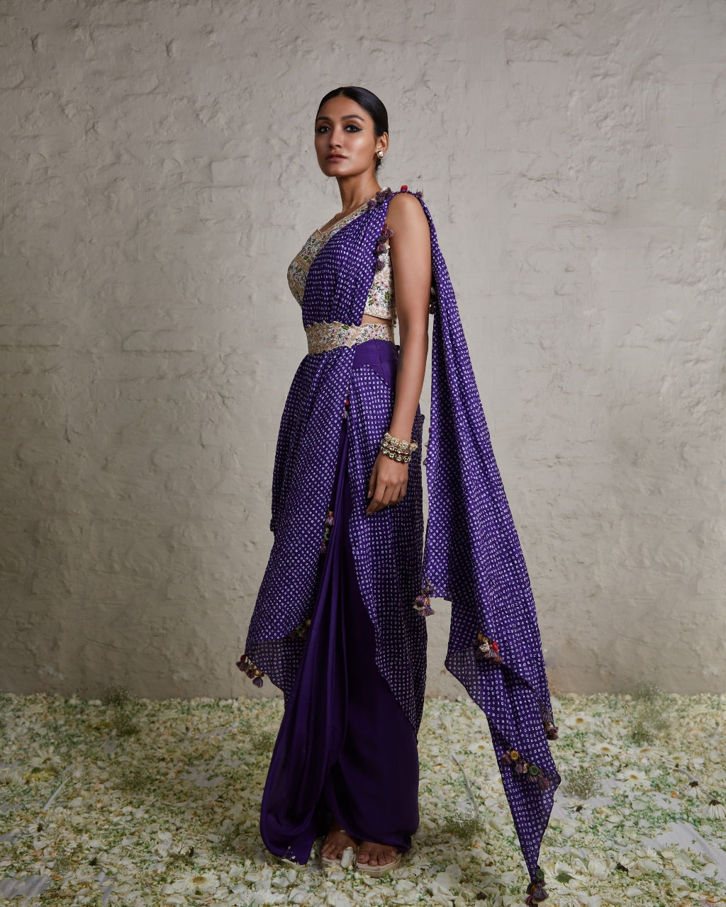 Purple Silk Bandhej Skirt Set
