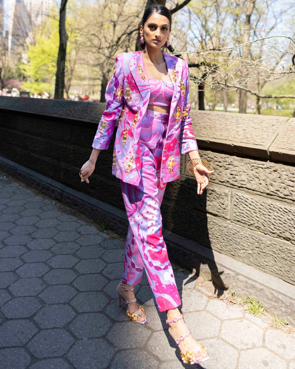 Living Coral- Lilac And Hot Pink Sequin Printed Pant Suit Set