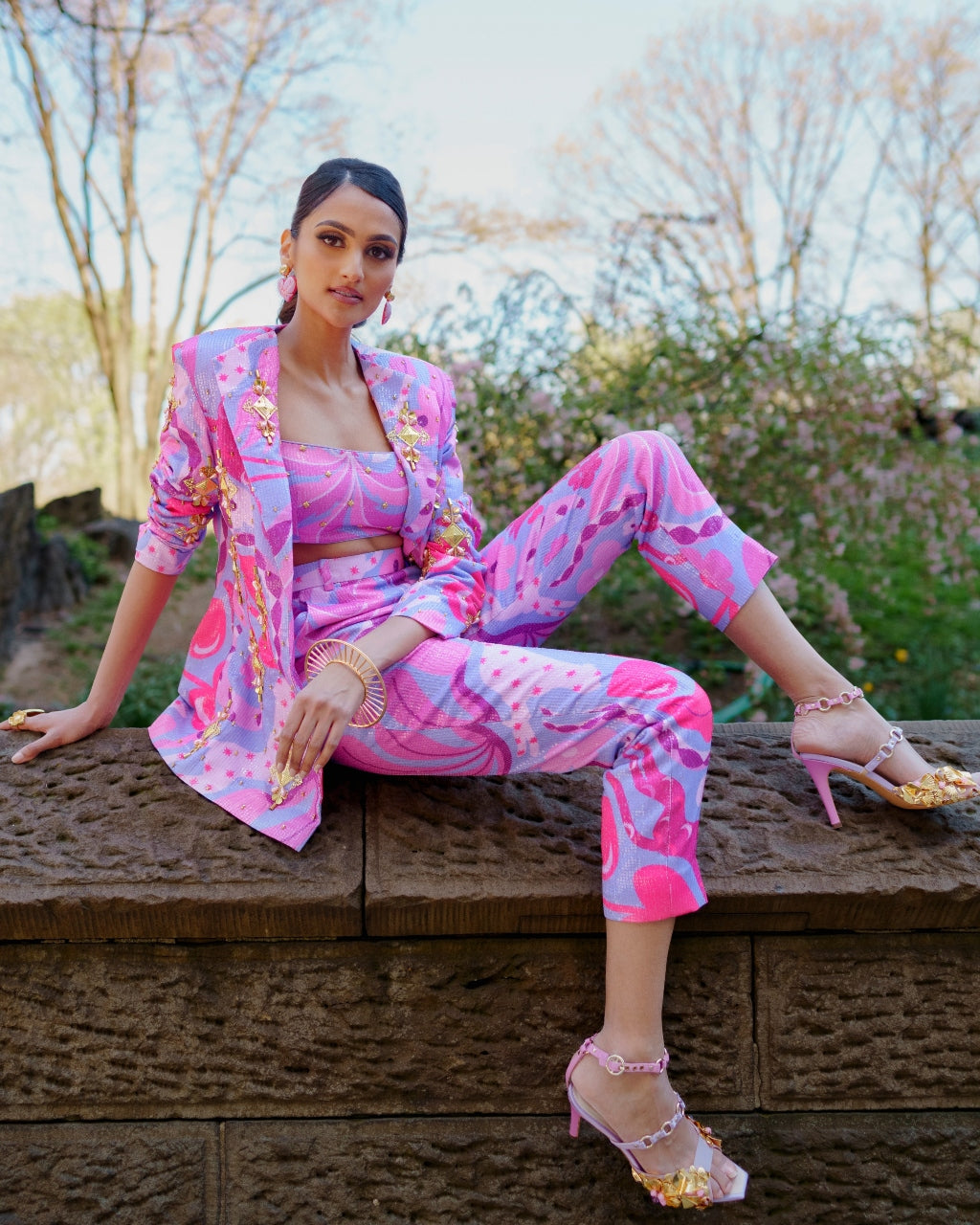 Living Coral- Lilac And Hot Pink Sequin Printed Pant Suit Set