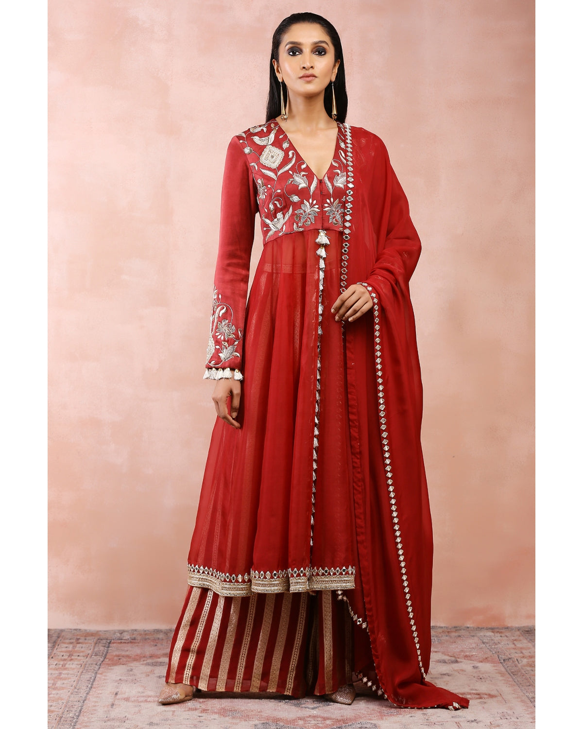 Maroon Embroidered Anarkali With Palazzo And Dupatta by Payal Singhal