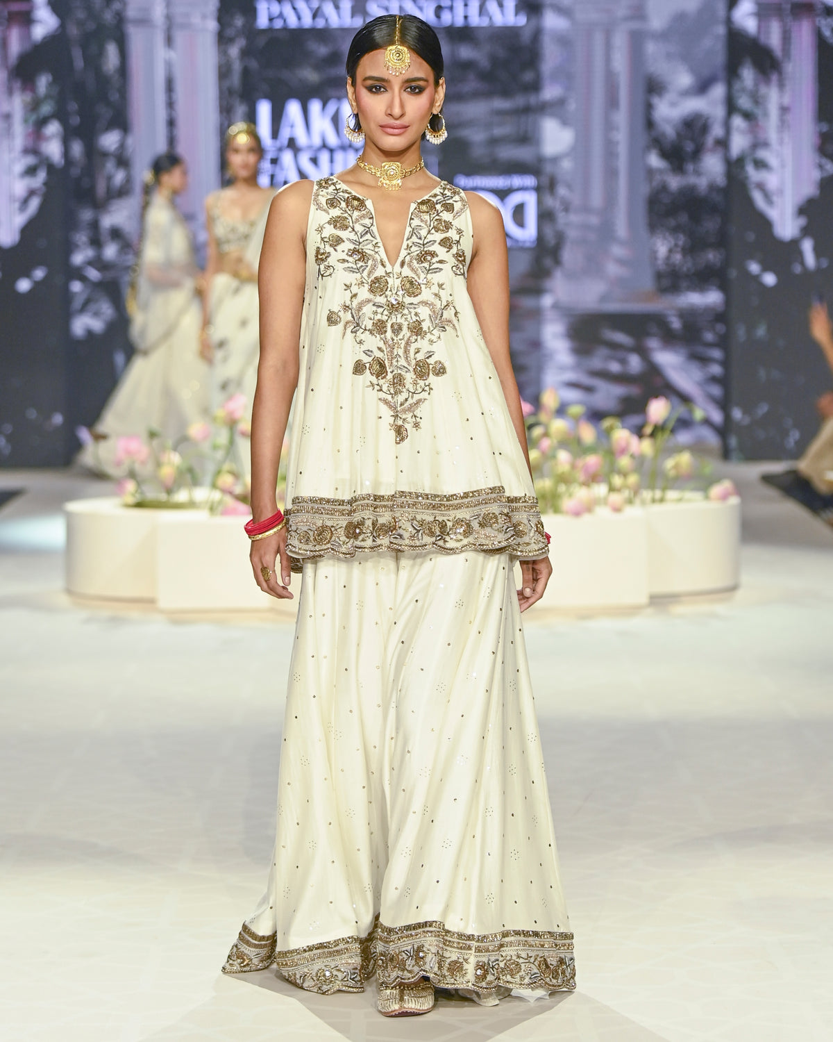 Jahanana Off White Embroidered Short Anarkali With Sharara And Dupatta Set